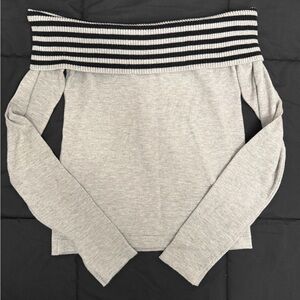 Off-Shoulder Gray Sweater with Black Stripes
